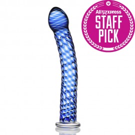 No. 29 Blue Wave G-Spot Glass Dildo, Gorgeous 7.5 inch curved shaft smooth raised swirls glass penis, Sex toy for women