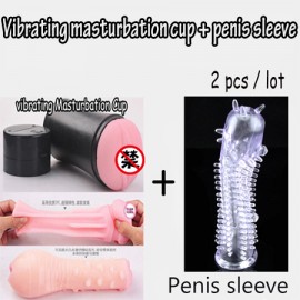 retail que0205   Vibrating Pussy Vagina ,  Masturbation Cup+ Penis sleeve ,  Masturbatory CUP, Sex Toys for Man, Adult Sex Cup