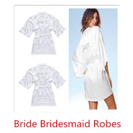 Satin Faux Silk Wedding Bride Bridesmaid Robes,White Bridal Dressing Gown/ Kimono Bathrobes,"BRIDE""BRIDE MAID" Graphic on Back